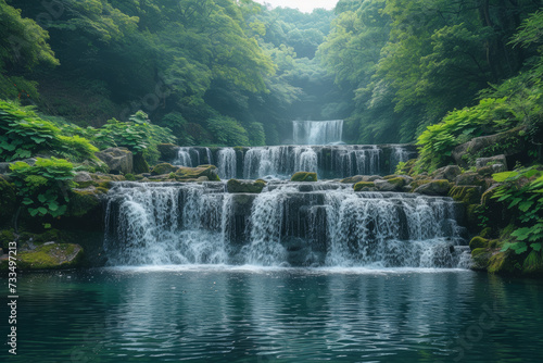 A cascading waterfall framed by lush greenery  illustrating the soothing and rejuvenating power of nature. Concept of natural serenity and tranquility. Generative Ai.