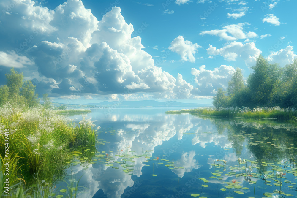 A serene pond reflecting a cloud-strewn sky, highlighting the delicate balance between water and atmosphere. Concept of reflective equilibrium. Generative Ai. A serene pond reflecting a cloud-strewn sky, highlighting the delicate balance between water and atmosphere. Concept of reflective equilibrium. Generative Ai.