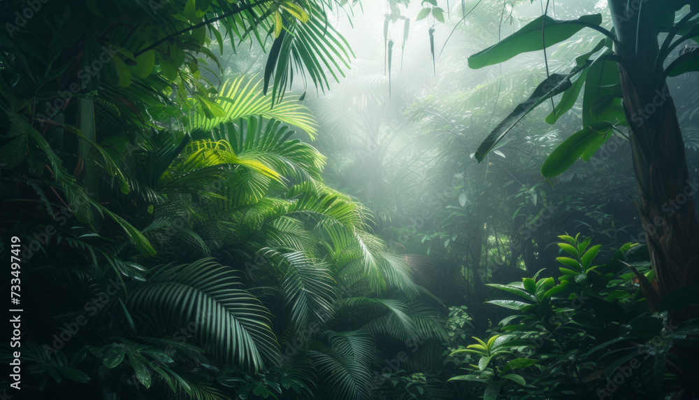 Jungle Forest Scene in Fog and Mist