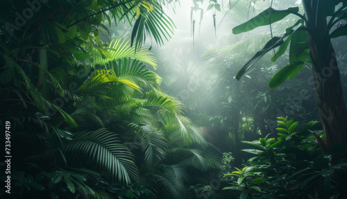 Jungle Forest Scene in Fog and Mist