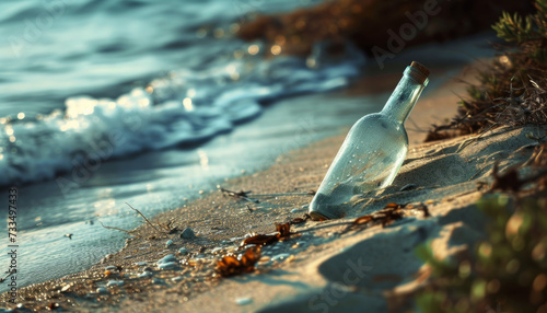 Message in a Bottle on a Sandy Beach Shoreline at Sunrise
