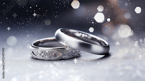 Beautiful silver background with wedding rings and stars photo
