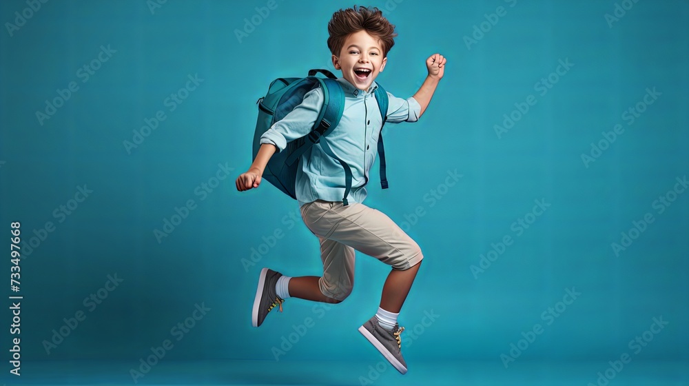 Cheerful smiling little boy with big backpack jumping and having fun against blue wall. Looking at camera. School concept. Back to School