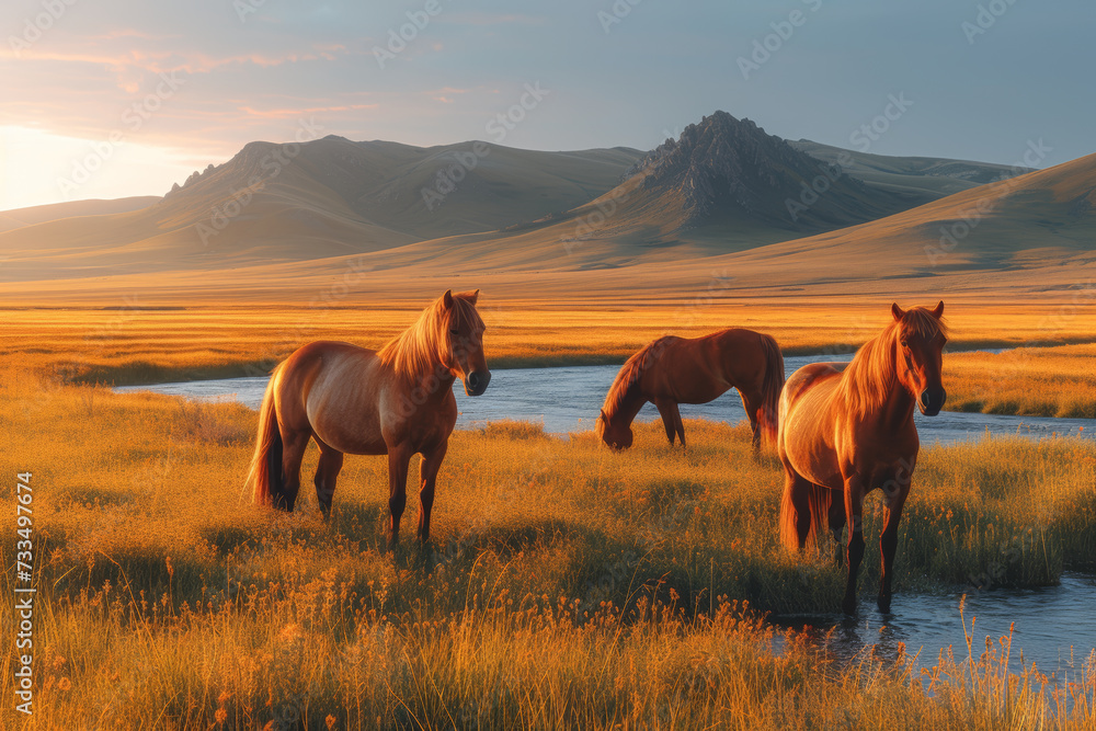 A group of wild horses grazing on a vast grassland, embodying the untamed spirit of free-roaming wildlife. Concept of wild horizons. Generative Ai.
