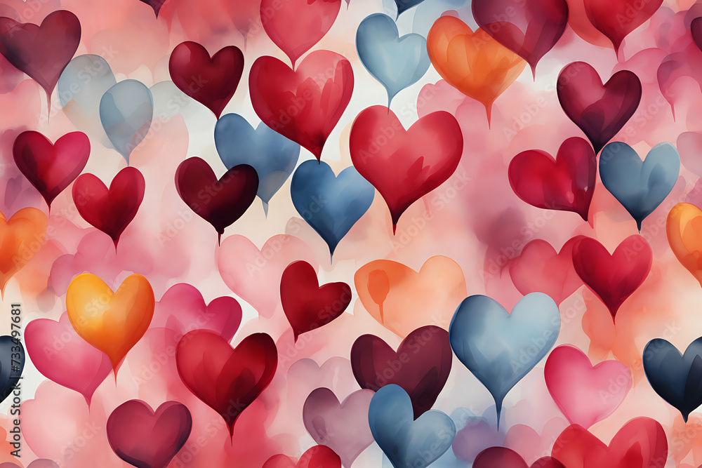 Floating Hearts Watercolor Background.
A soft and romantic watercolor background filled with floating hearts in shades of red, pink, and blue, ideal for Valentine's Day, wedding invitations, and love-