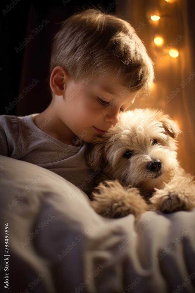 A young boy laying in bed with a dog. Generative AI. A young boy laying in bed with a dog. Generative AI.