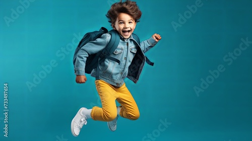Cheerful smiling little boy with big backpack jumping and having fun against blue wall. Looking at camera. School concept. Back to School