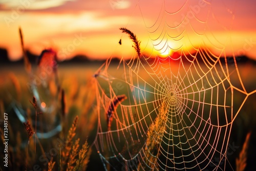 A spider web in the middle of a field at sunset. Generative AI.
