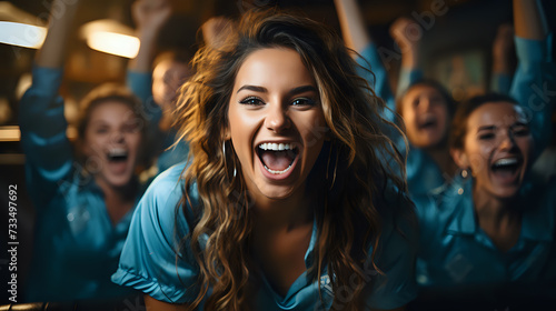 Euphoric Celebration. Close-up of an exuberant young woman with a captivating smile, cheering at a vibrant event, perfect for marketing social gatherings and lifestyle brands.