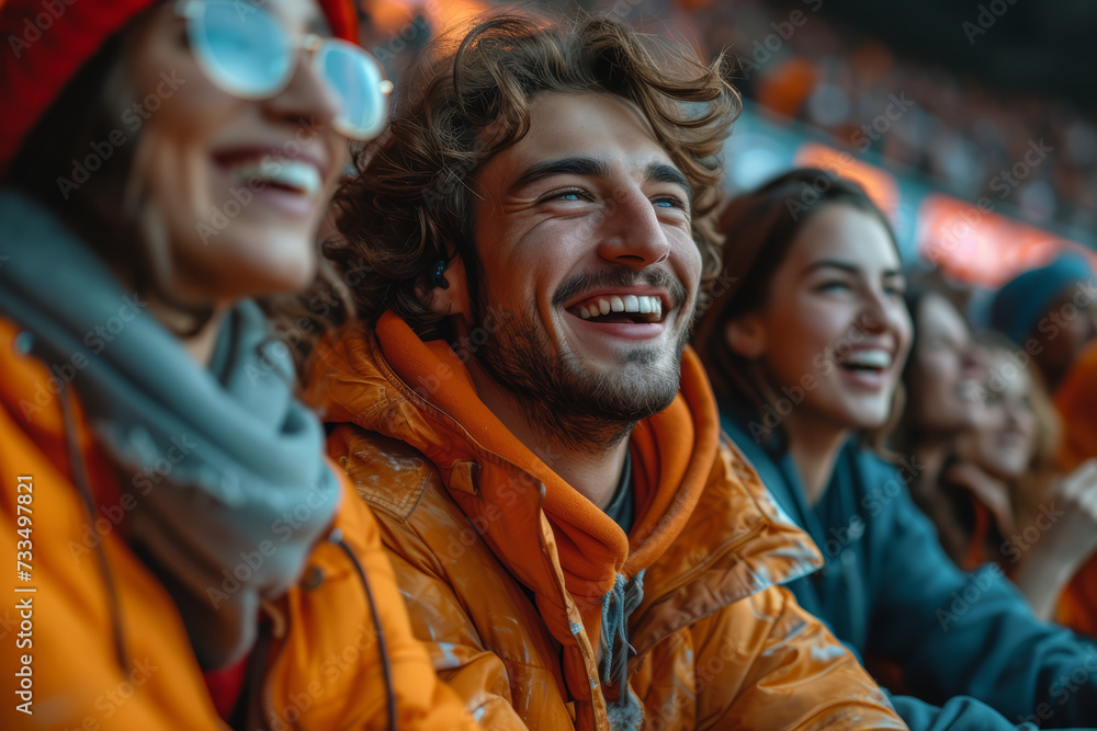 Friends laughing and cheering at a sports game, capturing the excitement and camaraderie of shared interests. Concept of sportsmanship and friendship. Generative Ai. Friends laughing and cheering at a sports game, capturing the excitement and camaraderie of shared interests. Concept of sportsmanship and friendship. Generative Ai.