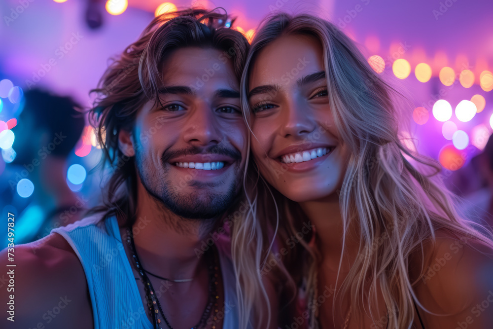 A selfie of a couple at a music festival, encapsulating the thrill of shared experiences and vibrant live performances. Concept of music festival excitement. Generative Ai.