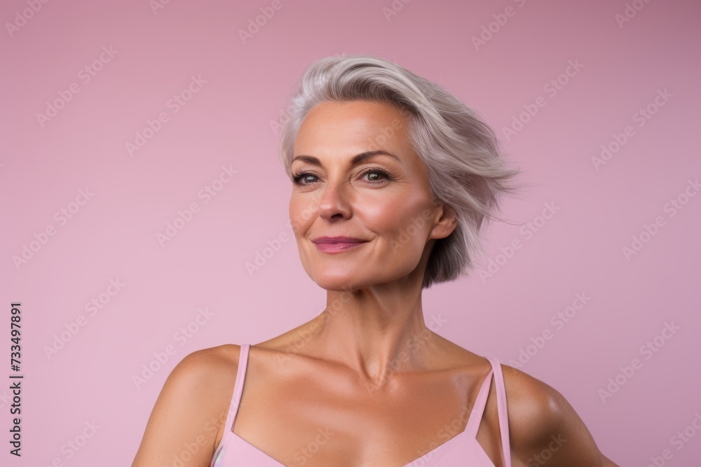 Beautiful middle aged woman with grey hair and makeup on a pink background Beautiful middle aged woman with grey hair and makeup on a pink background