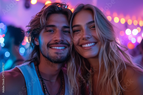 A selfie of a couple at a music festival, encapsulating the thrill of shared experiences and vibrant live performances. Concept of music festival excitement. Generative Ai. © Sebastian