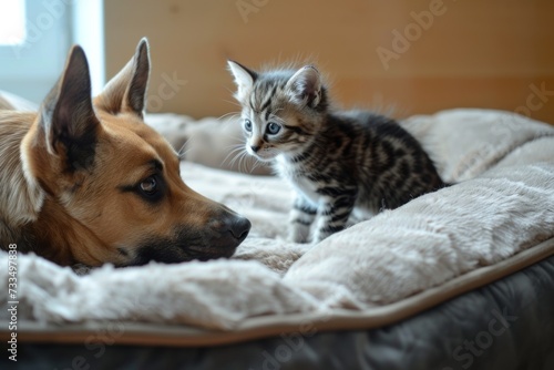 Dog with a surprised expression looking at a kitten.