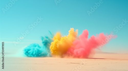 Vibrant plumes of blue, yellow, and pink smoke erupt in a stark desert landscape under a clear sky, creating a striking contrast