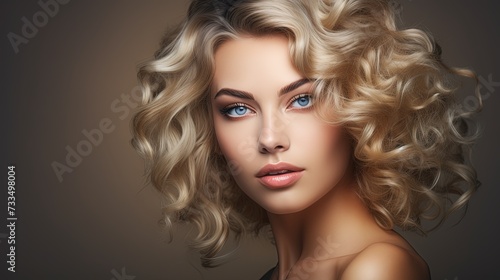 Glamour portrait of beautiful woman model with fresh daily makeup and romantic wavy hairstyle. Fashion shiny highlighter on skin  sexy gloss lips make-up and dark eyebrows