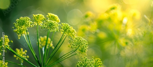 Close-up artistic focus on a blurred background of a green dill fennel flower. photo