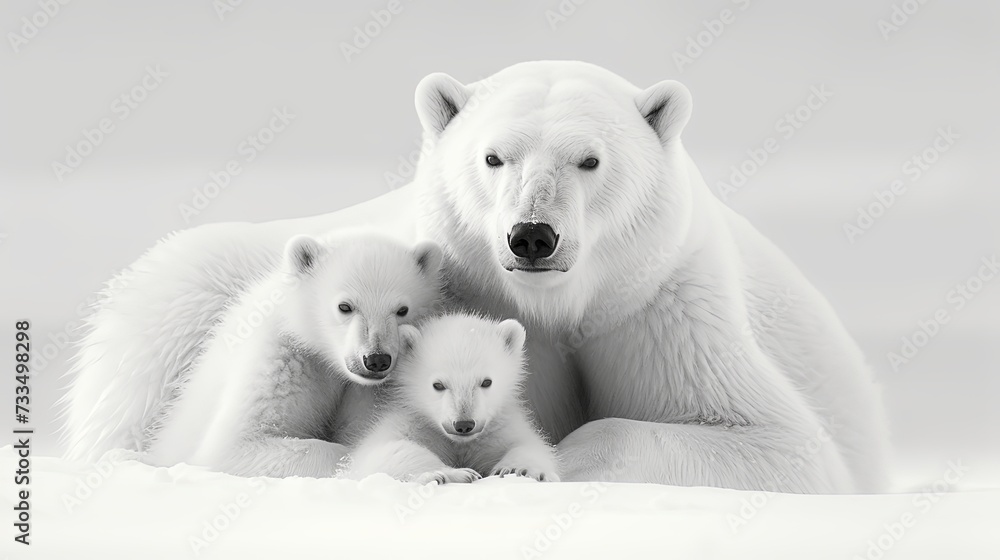 Obraz premium Polar she-bear with cubs. A Polar she-bear with two small bear cubs. Around snow.Black and white photo.