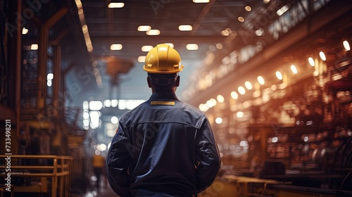 Industrial Engineer in Hard Hat Wearing Safety Jacket Walks Through Heavy Industry Manufacturing Factory with Various Metalworking Processes. © chanidapa