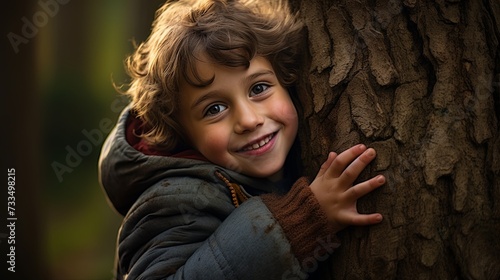 kid hans embracing a tree trunk photo