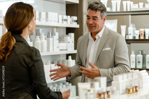 A salesperson discussing skincare products with a female customer. a man discussing skin care products with a consultant, emphasizing personalized skin care solutions