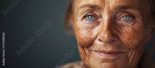 A woman's portrait portraying wrinkles, flabby skin, dark spots, blemishes, smile lines, and emphasizing health care and beauty. photo
