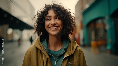 People, beauty and lifestyle concept. Shot of attractive sensual woman with wide smile dressed in green jacket and brown T-shirt smiling broadly being happy to meet her best friend. Joyful nice female photo