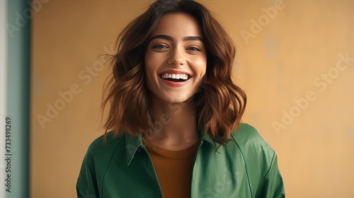 People, beauty and lifestyle concept. Shot of attractive sensual woman with wide smile dressed in green jacket and brown T-shirt smiling broadly being happy to meet her best friend. Joyful nice female photo