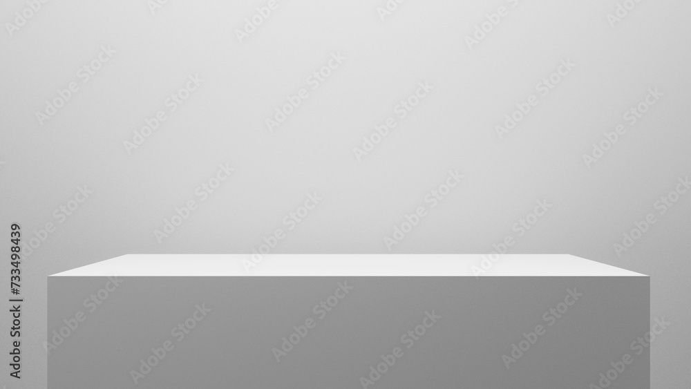 Empty white cube geometric form table platform illuminated with spotlight - luxury minimalistic empty abstract place for advertisement, product placement or design and text, empty white background Empty white cube geometric form table platform illuminated with spotlight - luxury minimalistic empty abstract place for advertisement, product placement or design and text, empty white background