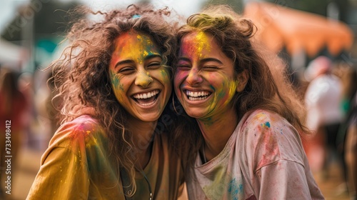Portrait of happy young girls on holi color festival