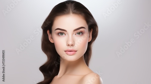 Portrait of young beautiful woman with perfect smooth skin isolated over white background. Facebuilding. Concept of natural beauty, plastic surgery, cosmetology, cosmetics, skin care