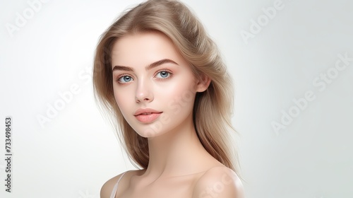 Portrait of young beautiful woman with perfect smooth skin isolated over white background. Facebuilding. Concept of natural beauty  plastic surgery  cosmetology  cosmetics  skin care