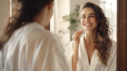 Self-Care Concept. Portrait Of Attractive Young Female Looking At Mirror, Beautiful Woman Wearing White Silk Robe Touching Soft Skin On Face And Smiling, Enjoying Her Reflection, Selective Focus