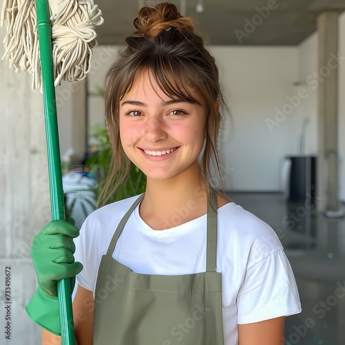 woman housekeeping processional cleaner wearing glove with mop photo