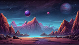 Cosmic background, alien planet deserted landscape with mountains, rocks, deep cleft and stars shine in space. Extraterrestrial computer game backdrop, parallax effect cartoon illustration.