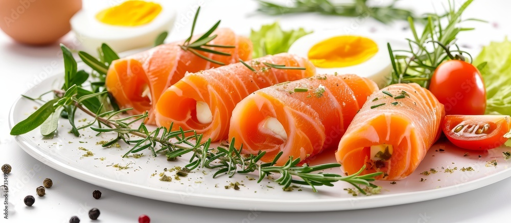 Fresh smoked sea salmon rolls with tomatoes, egg, and rosemary on a plate, isolated on a white background, as part of a healthy diet. Fresh smoked sea salmon rolls with tomatoes, egg, and rosemary on a plate, isolated on a white background, as part of a healthy diet.