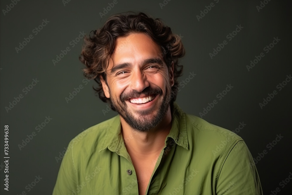Portrait of a handsome young man laughing against a dark background. Portrait of a handsome young man laughing against a dark background.