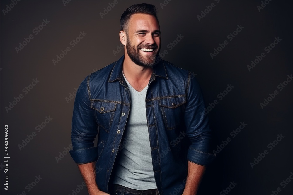 Portrait of a handsome young man in a denim jacket. Men's beauty, fashion.