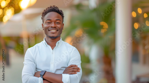 A successful smiling black man gen-z entrepreneur posing for a photo outside his soft sun lit estate inspiring confidence and wealth