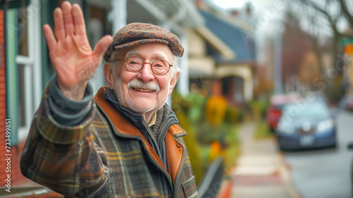 Middle aged smiling healthy old man waving at the viewer from the sidewalk in his neighborhood home blurred in the background  photo