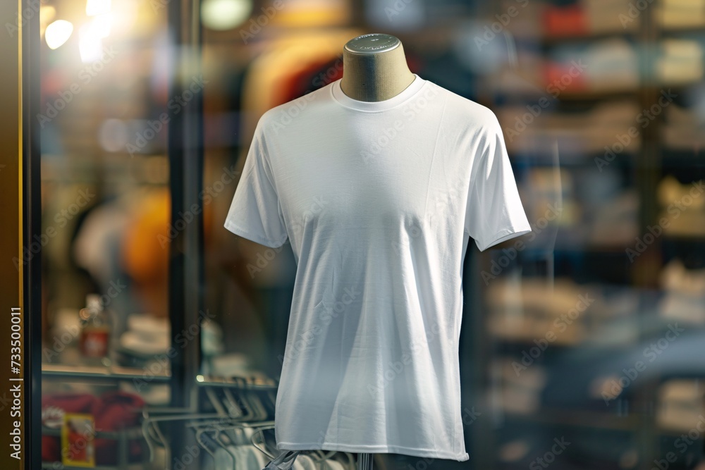 white men's front tshirt print on demand mockup on mannequin in a storefront - Generative ai white men's front tshirt print on demand mockup on mannequin in a storefront - Generative ai