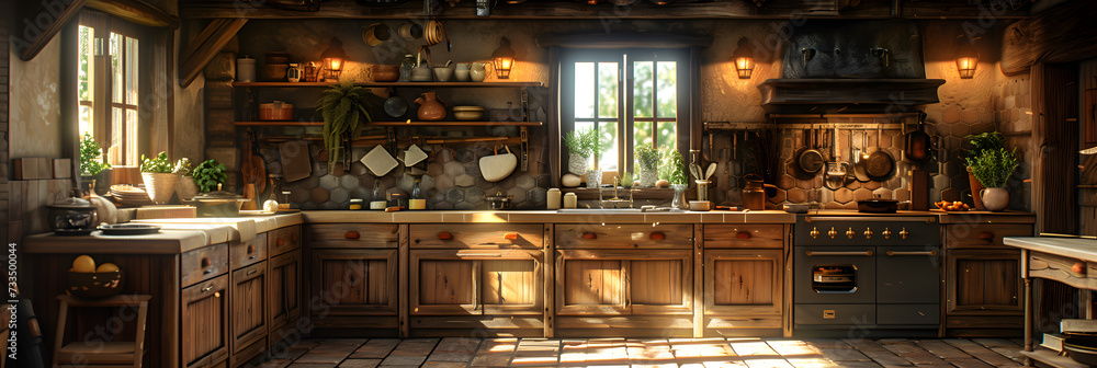 A cozy kitchen with rustic wooden furniture and warm lighting. Created with generative AI.