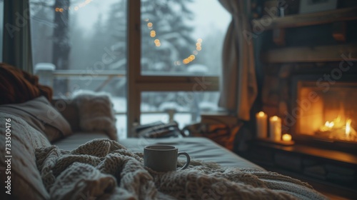 Cozy Winter Evening by Fireplace, Warm Blankets and Hot Chocolate