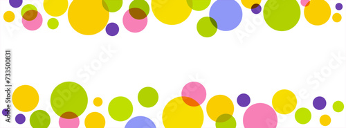 Polka dot frame. Horizontal frame of colored dots isolated on a white background. Big colored spots on white. Vector illustration. Rainbow polka dot frame. You can place your text in the center.