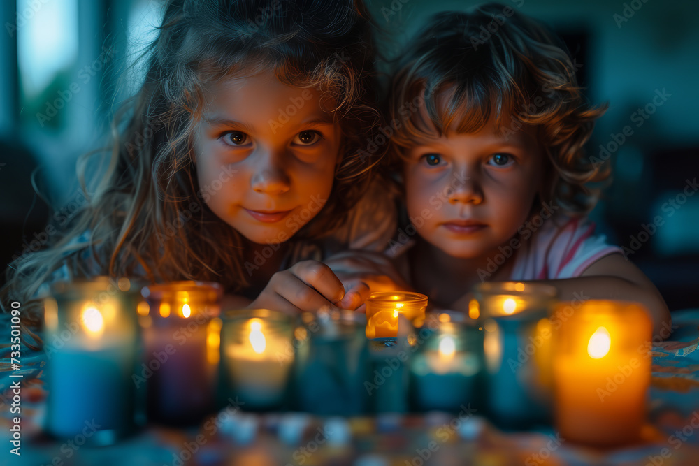 A family playing a classic board game by candlelight during a power outage, recreating the cozy simplicity of family time in the 70s. Concept of unplugged family moments. Generative Ai. A family playing a classic board game by candlelight during a power outage, recreating the cozy simplicity of family time in the 70s. Concept of unplugged family moments. Generative Ai.