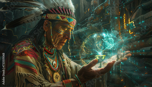 A Native American shaman holding a tarot card that reflects an axolotl and a genie lamp with a backdrop of a plumbing system inspired by quantum mechanics and Atlantis architecture photo