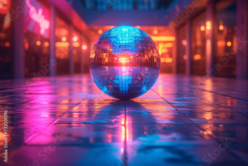A snapshot of a disco ball reflecting colorful lights on a dance floor, capturing the vibrant energy of 70s dance clubs. Concept of disco nostalgia. Generative Ai.