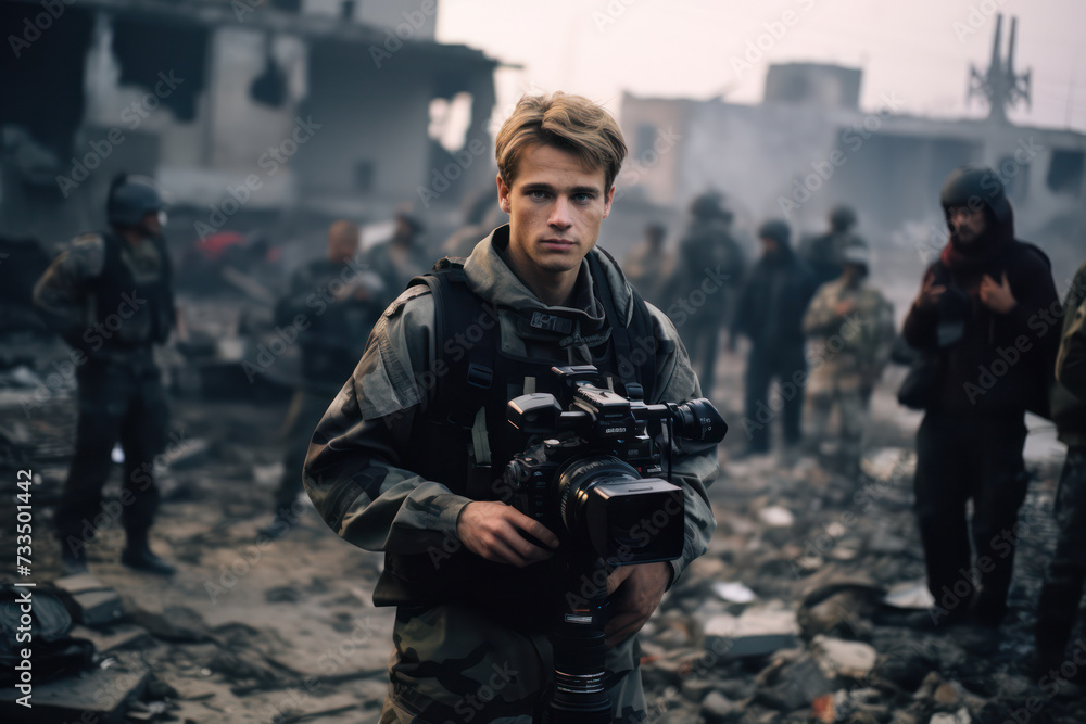 Fototapeta premium Camouflaged Warrior: A Determined Soldier in Battle Gear Aiming Rifle in Forest Operation