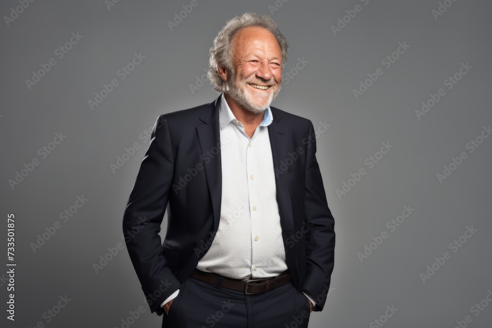 Portrait of a happy senior man smiling at camera over grey background Portrait of a happy senior man smiling at camera over grey background