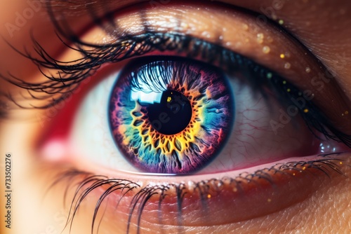 Woman's eye with rainbow pupil close up image. Black eyelashes. AI Generated #733502276